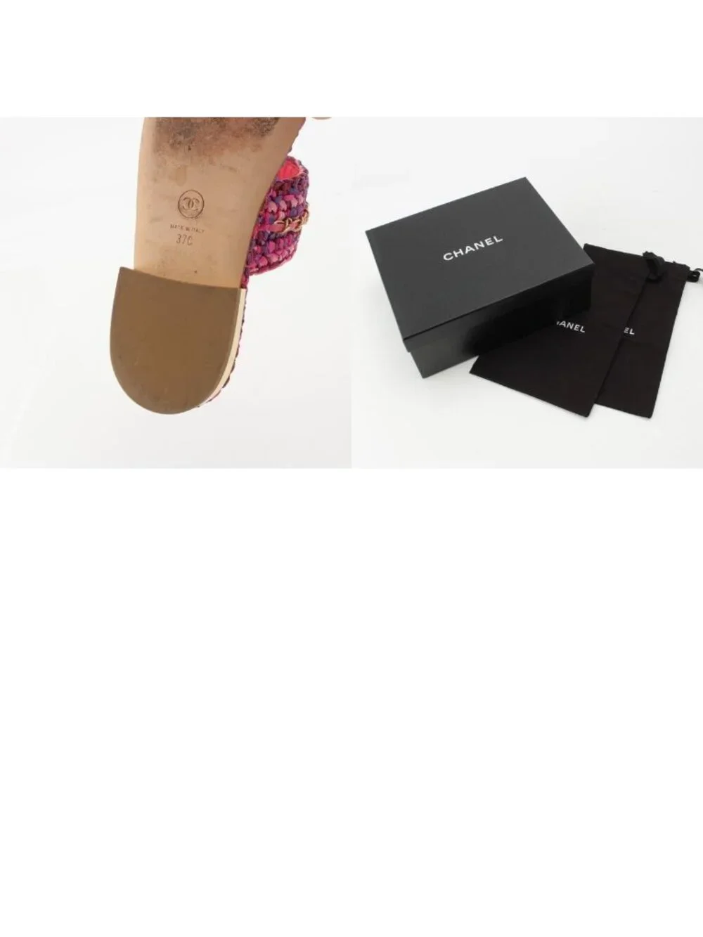 Chanel Leather Tweed CC Logo Chain Flat Sandals Pink 37C